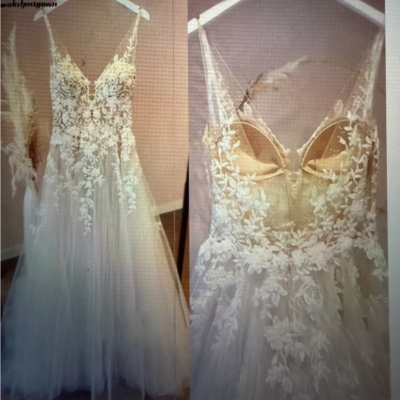 Exquisite new A line illusion ivory Floral Lace Wedding Gown size 12/14 - Picture 9 of 10